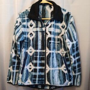 Full Zip Up Fleece Sweatshirt womens S Zippered pockets Blue Aztec print Soft